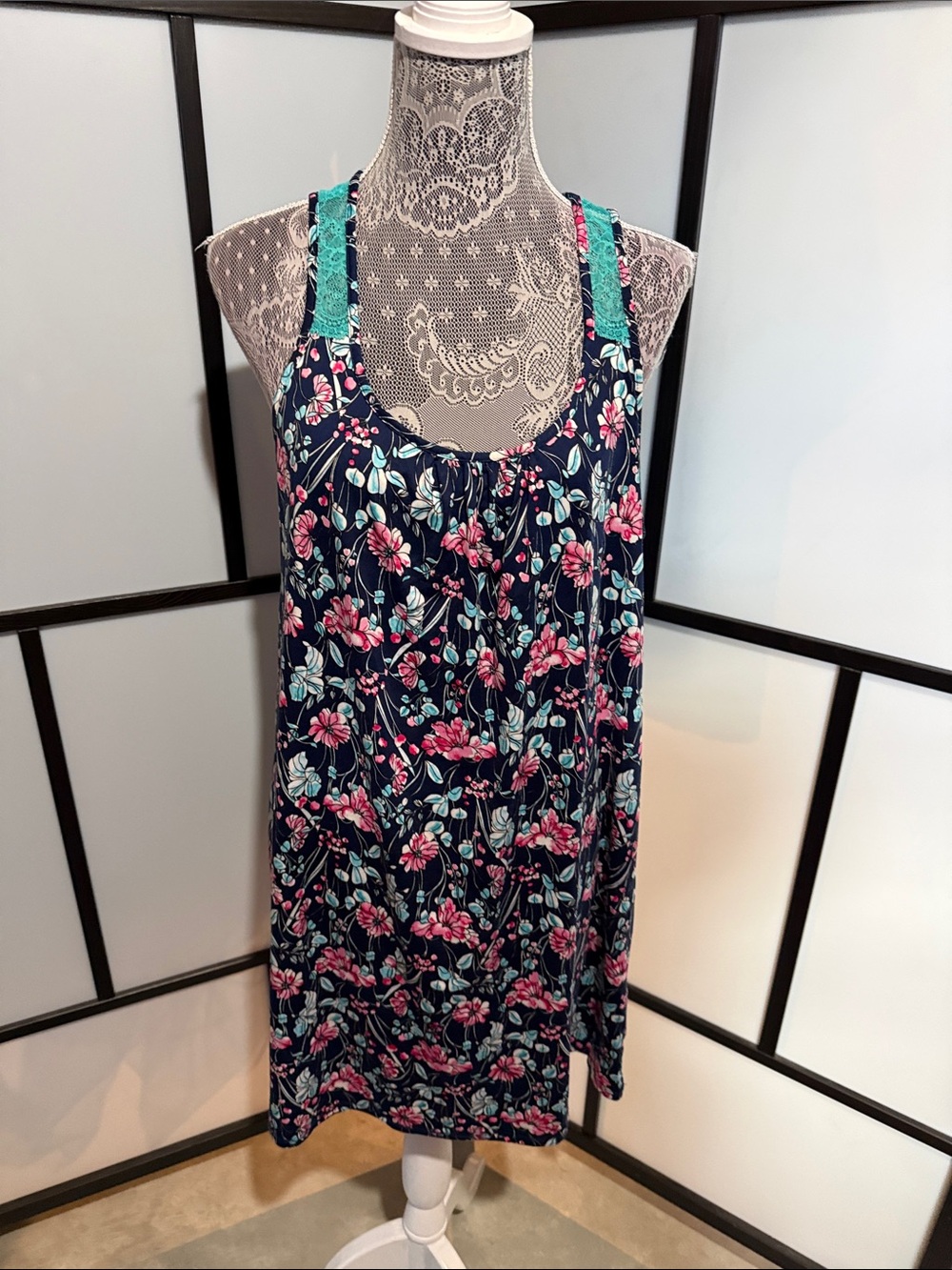 Secret Treasures Navy Floral Chemise with Pink Flowers and Teal Straps